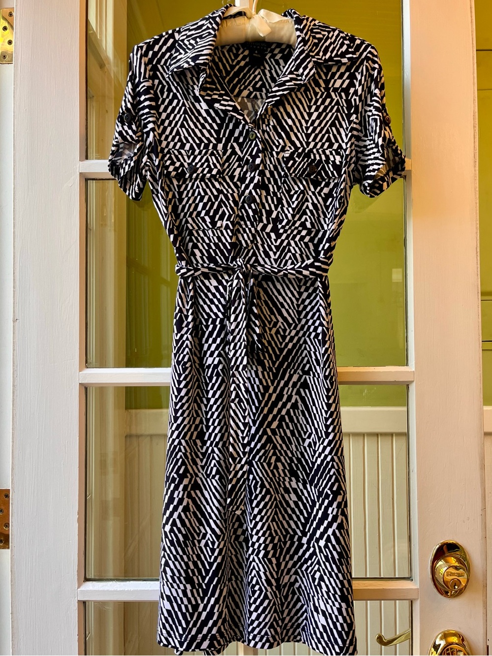 Enfocus Studio Black and White Geometric Shirt Dress with Tie Belt